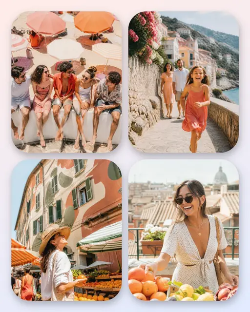 4 photo travel collage, with soft rounded corners on a pastel gradient