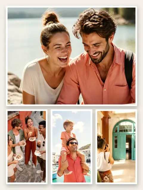 4 photo travel collage, with white polaroid borders on warm paper, sized for a print