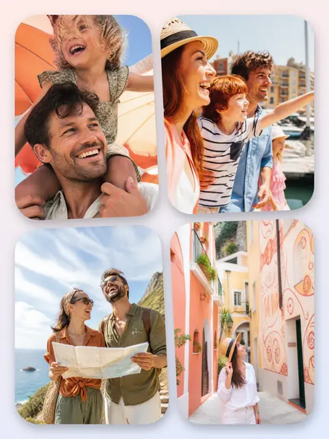 4 photo travel collage, with soft rounded corners on a pastel gradient, sized for a print