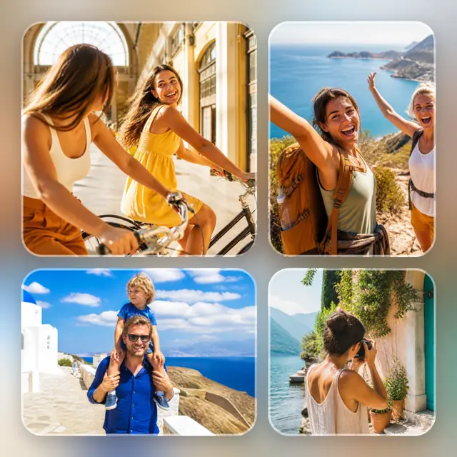 4 photo travel collage, over a blurred version of its own photos