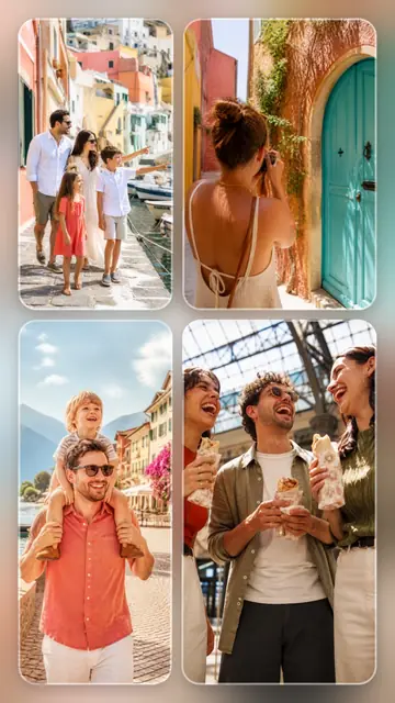 4 photo travel collage, over a blurred version of its own photos, sized for a story