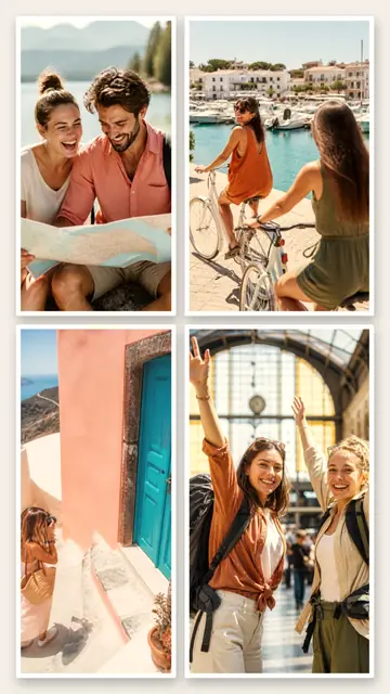 4 photo travel collage, with white polaroid borders on warm paper, sized for a story