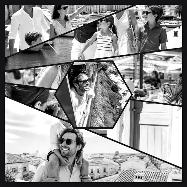 6 photo travel collage with a hexagonal medallion over the others, in black and white on a dark ground