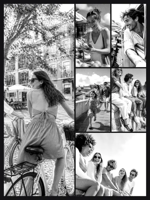 6 photo travel collage, in black and white on a dark ground, sized for a print