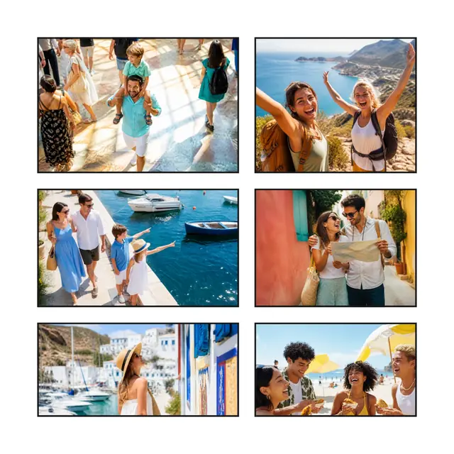 6 photo travel collage, with wide gallery margins and a hairline border