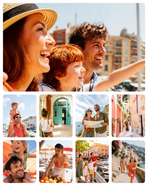 9 photo travel collage, on plain white