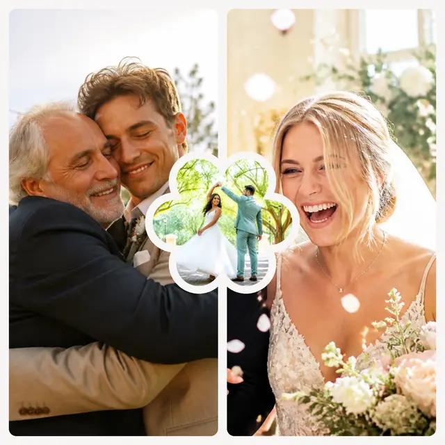 3 photo wedding collage with a flower medallion over the others