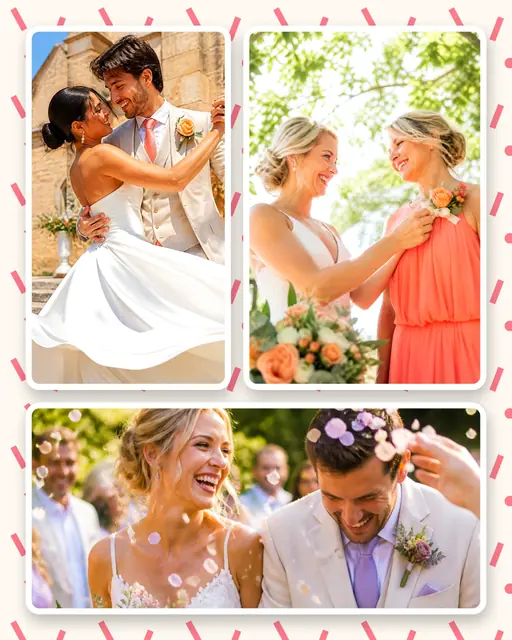 3 photo wedding collage, on a confetti patterned background