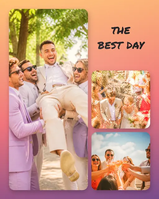 3 photo wedding collage, on a warm sunset gradient