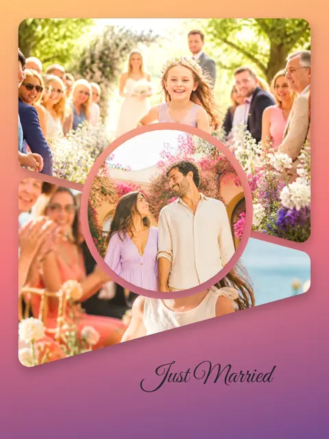 3 photo wedding collage, on a warm sunset gradient, sized for a print