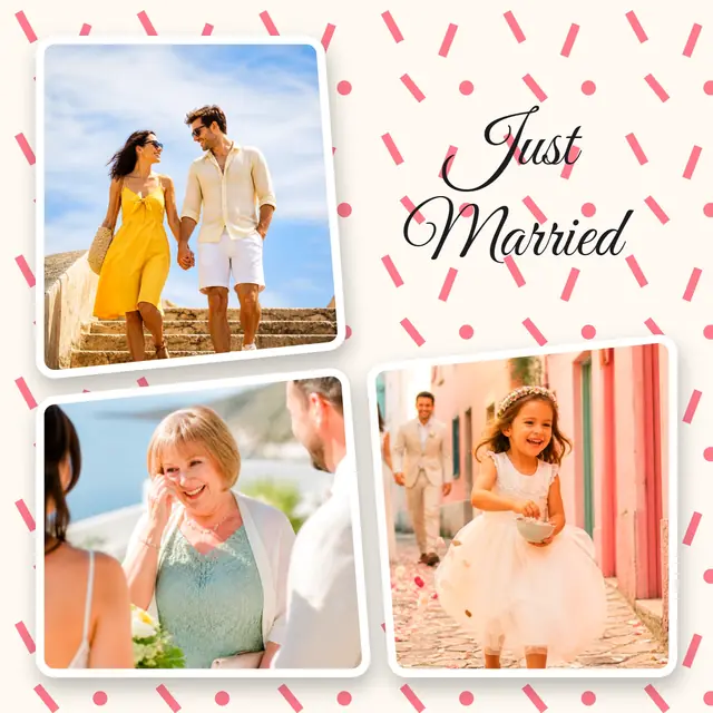 3 photo wedding collage, on a confetti patterned background