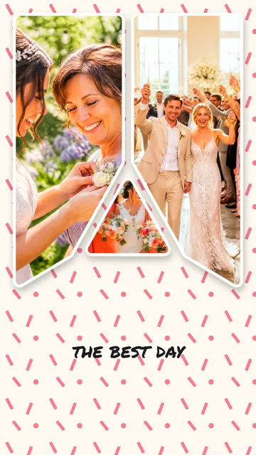 3 photo wedding collage, on a confetti patterned background, sized for a story