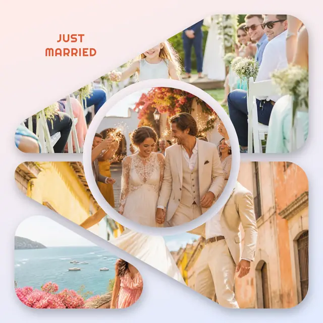 4 photo wedding collage with a circular medallion over the others, with soft rounded corners on a pastel gradient