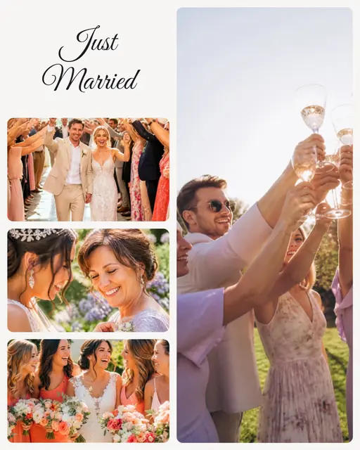 4 photo wedding collage with a diamond medallion over the others