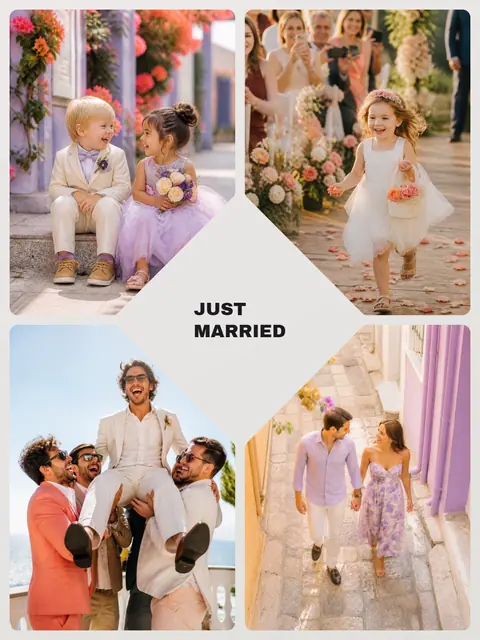 4 photo wedding collage with a heart medallion over the others, sized for a print