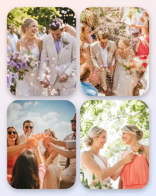 4 photo wedding collage, with soft rounded corners on a pastel gradient