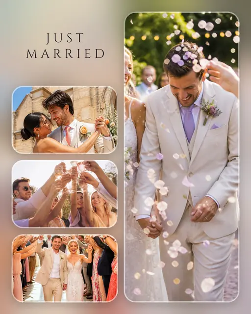4 photo wedding collage, over a blurred version of its own photos