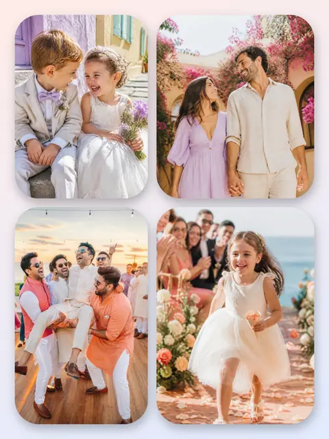 4 photo wedding collage, with soft rounded corners on a pastel gradient, sized for a print