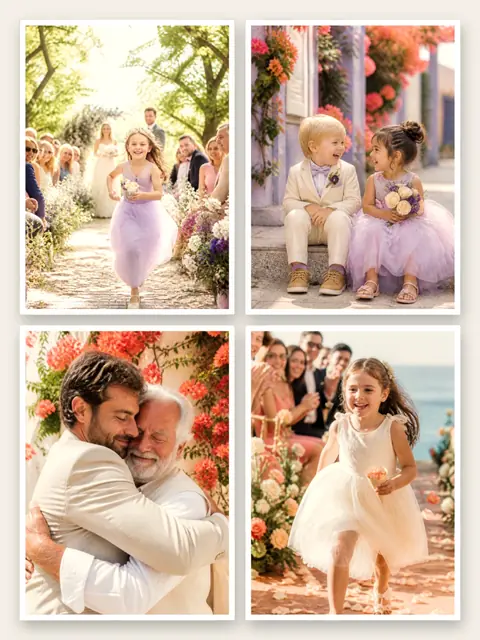 4 photo wedding collage, with white polaroid borders on warm paper, sized for a print