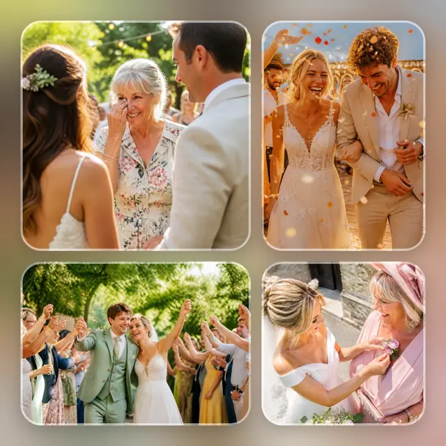 4 photo wedding collage, over a blurred version of its own photos
