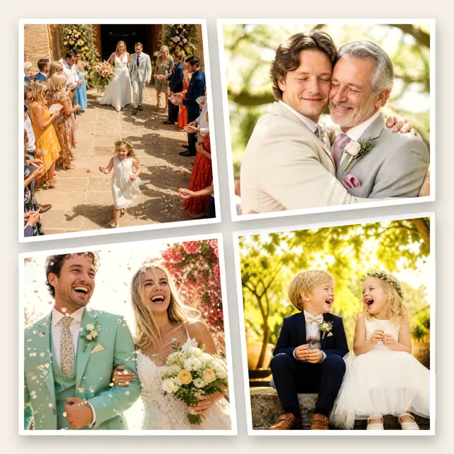 4 photo wedding collage, with white polaroid borders on warm paper