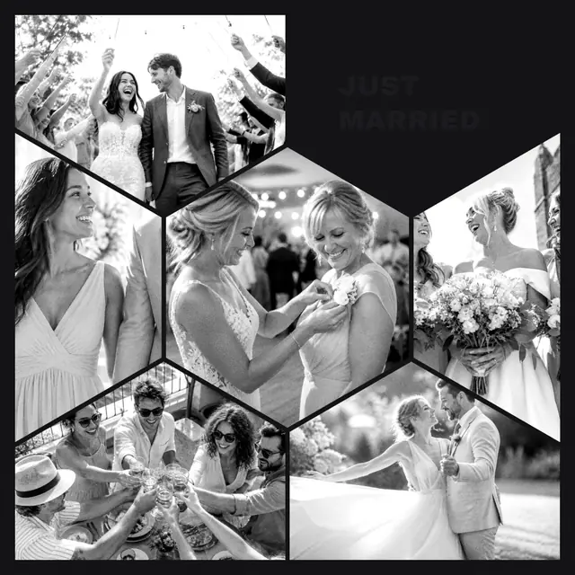 6 photo wedding collage with a hexagonal medallion over the others, in black and white on a dark ground