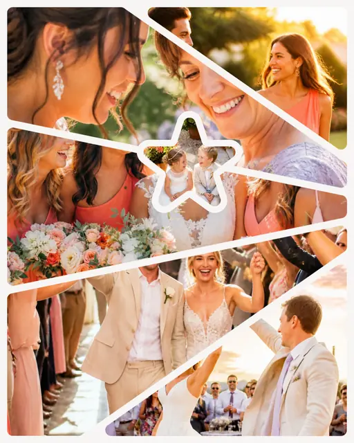 6 photo wedding collage with a star medallion over the others