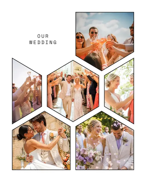 6 photo wedding collage, with wide gallery margins and a hairline border