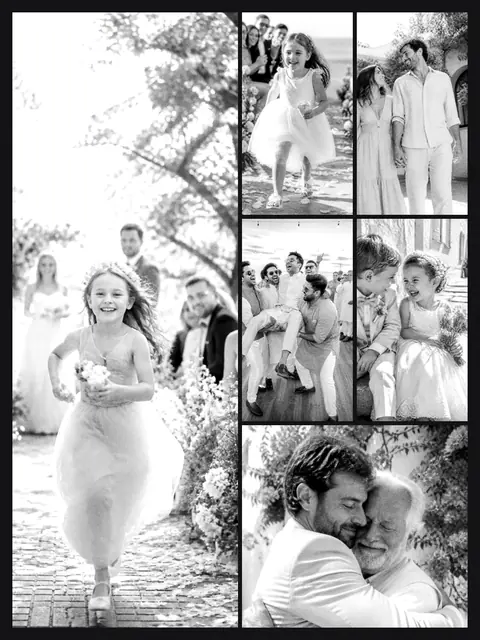 6 photo wedding collage, in black and white on a dark ground, sized for a print