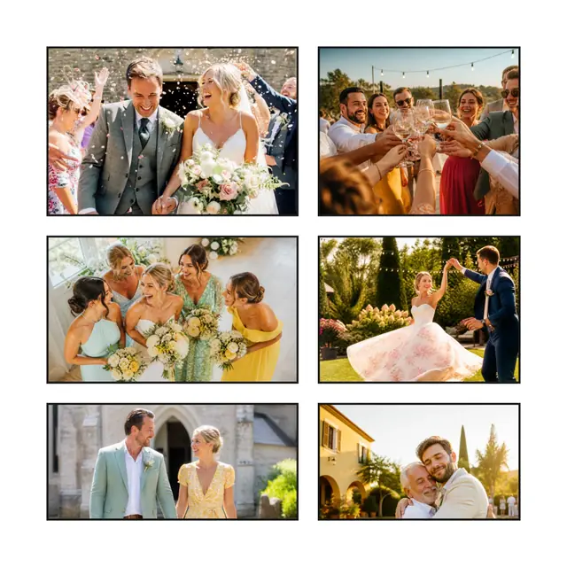 6 photo wedding collage, with wide gallery margins and a hairline border