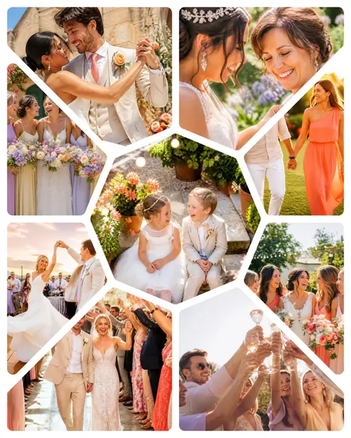9 photo wedding collage, on plain white