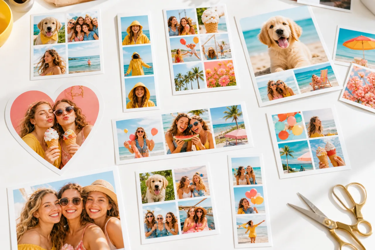 A wall of many small printed photo collages in different layouts, pinned in a loose grid above a bright desk
