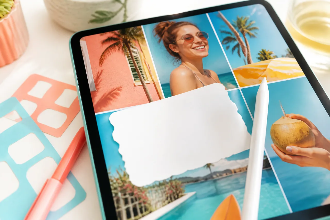 A tablet showing a photo collage with a blank label across one corner, a stylus and letter stencils beside it