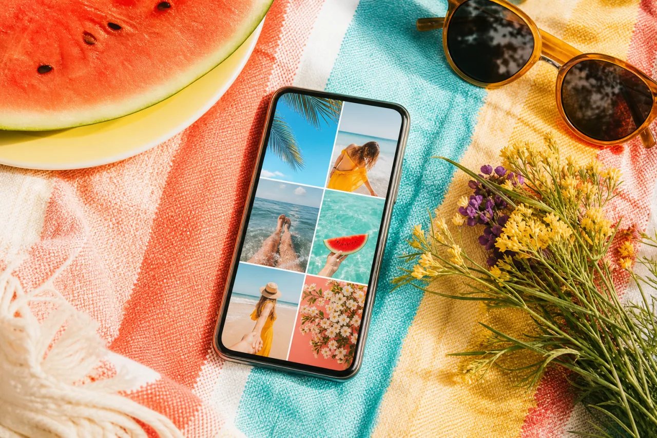 An Android phone on a striped picnic blanket showing a photo collage, with watermelon and sunglasses beside it