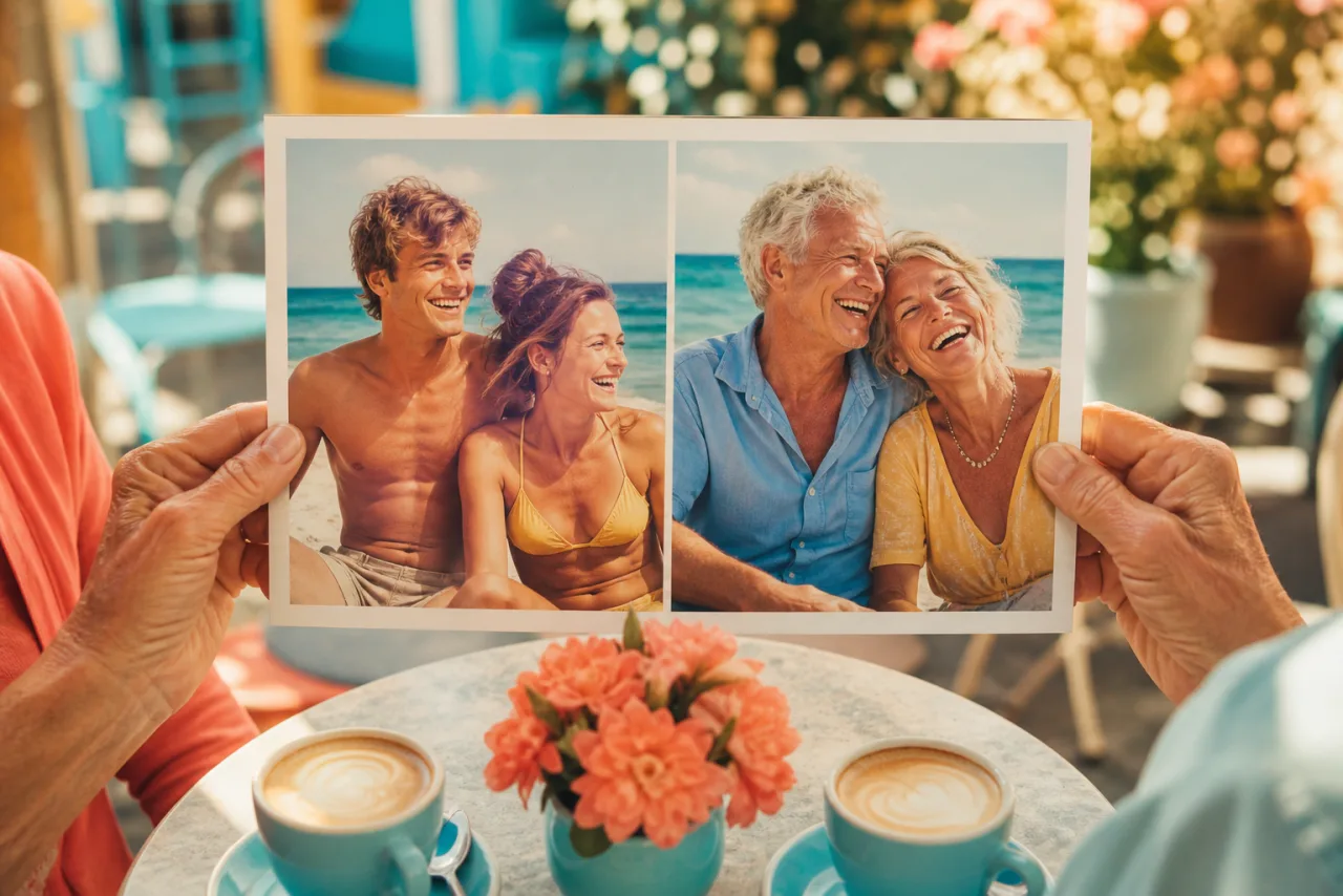 Two pairs of hands holding a printed then-and-now collage of the same couple, young and today