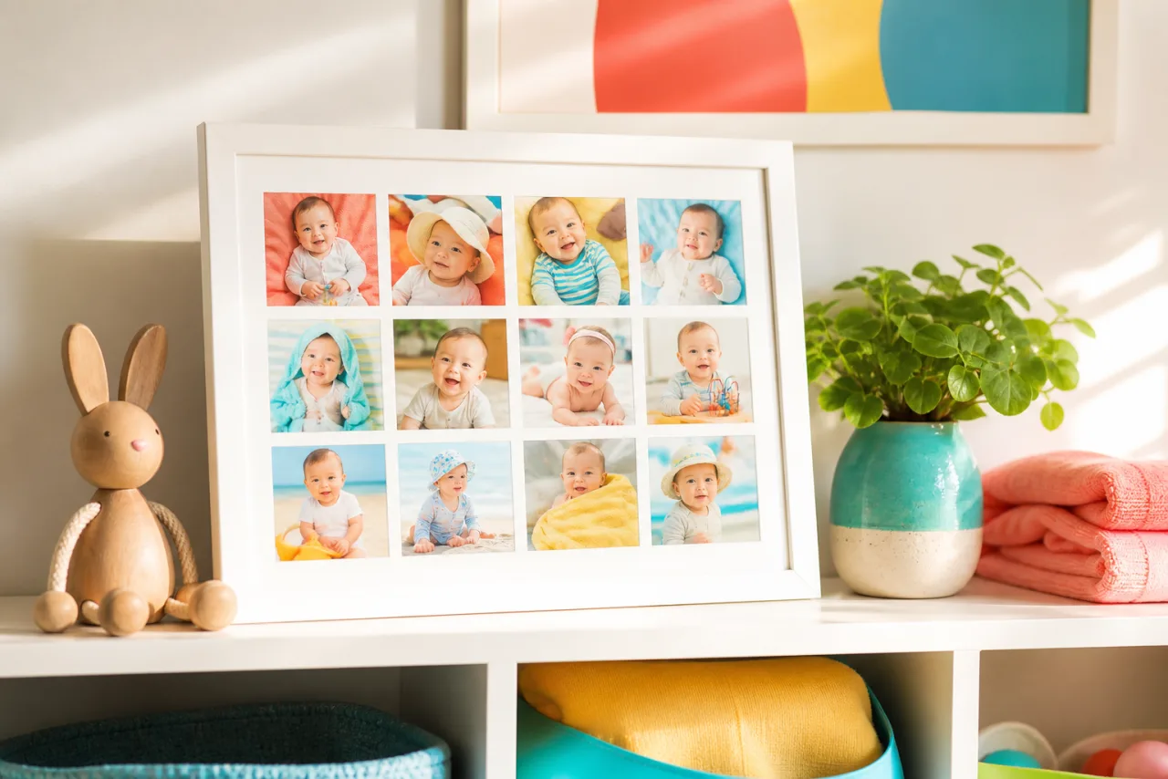 A framed 12-photo grid of a baby's first year on a nursery shelf with a wooden toy and a plant