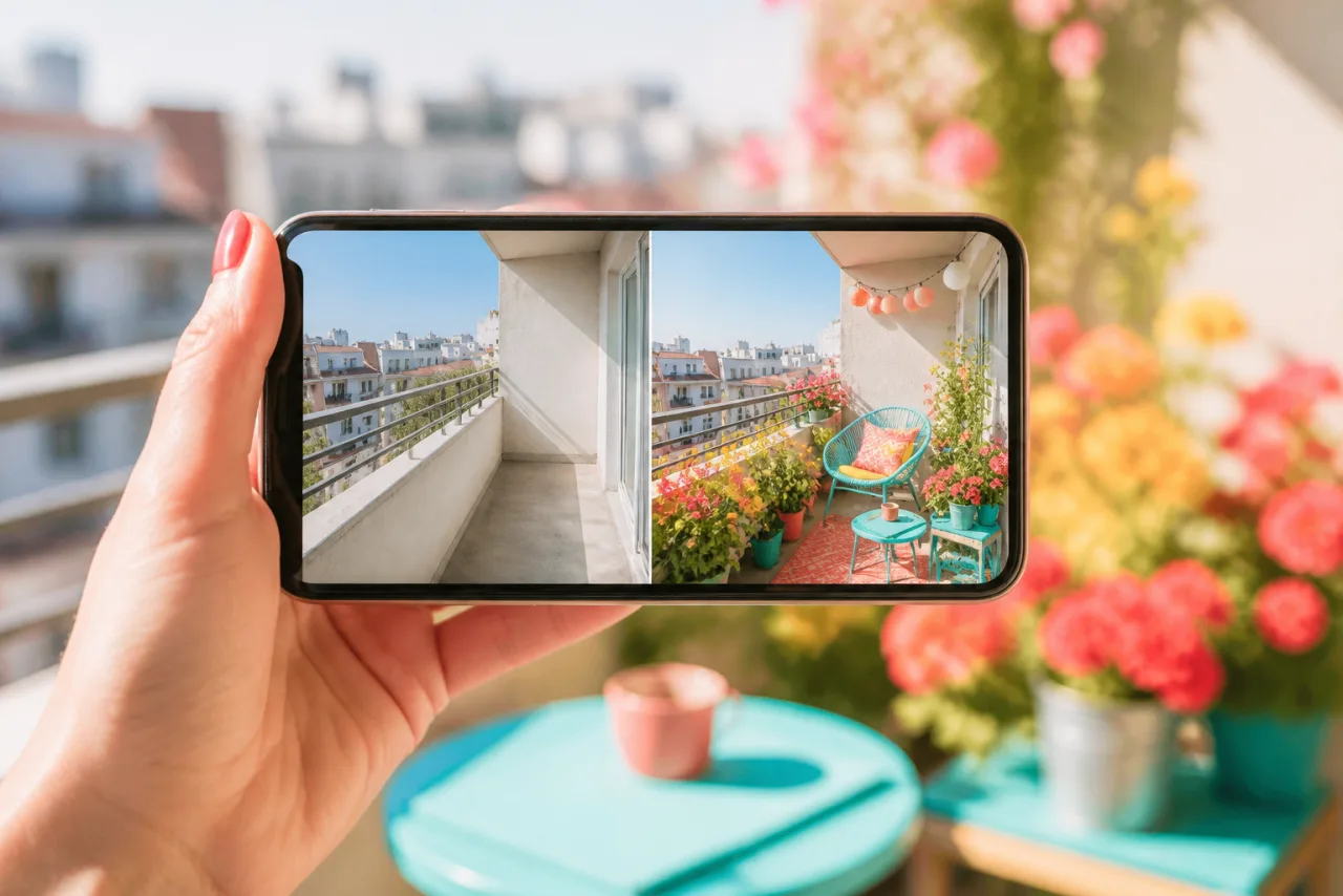 A phone showing a before and after of a balcony, bare concrete on the left and blooming flowers on the right