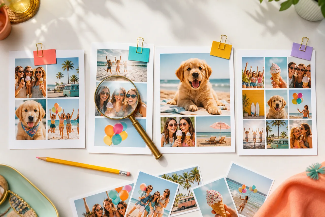Four printed photo collages side by side on a bright desk, each with a coloured paper tab, a magnifying glass resting on one of them