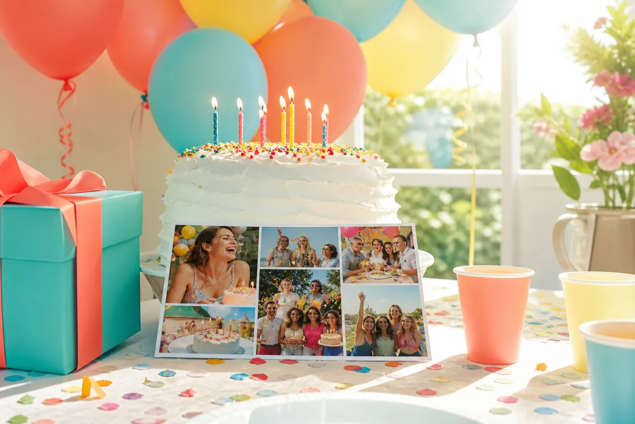 A printed photo collage card propped against a birthday cake with candles, balloons and confetti