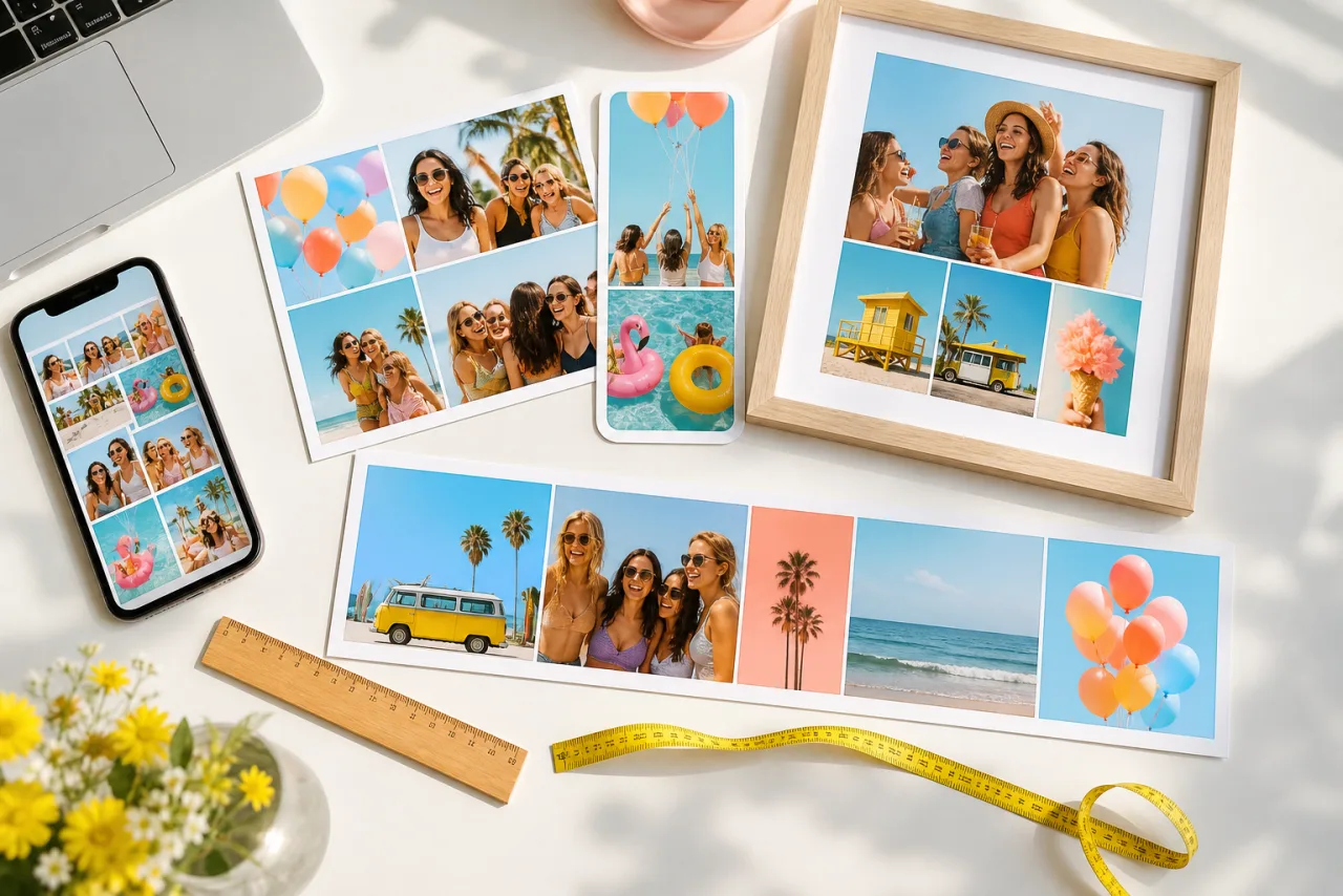 Printed photo collages in square, story, banner and framed formats on a desk with a phone, a ruler and a tape measure