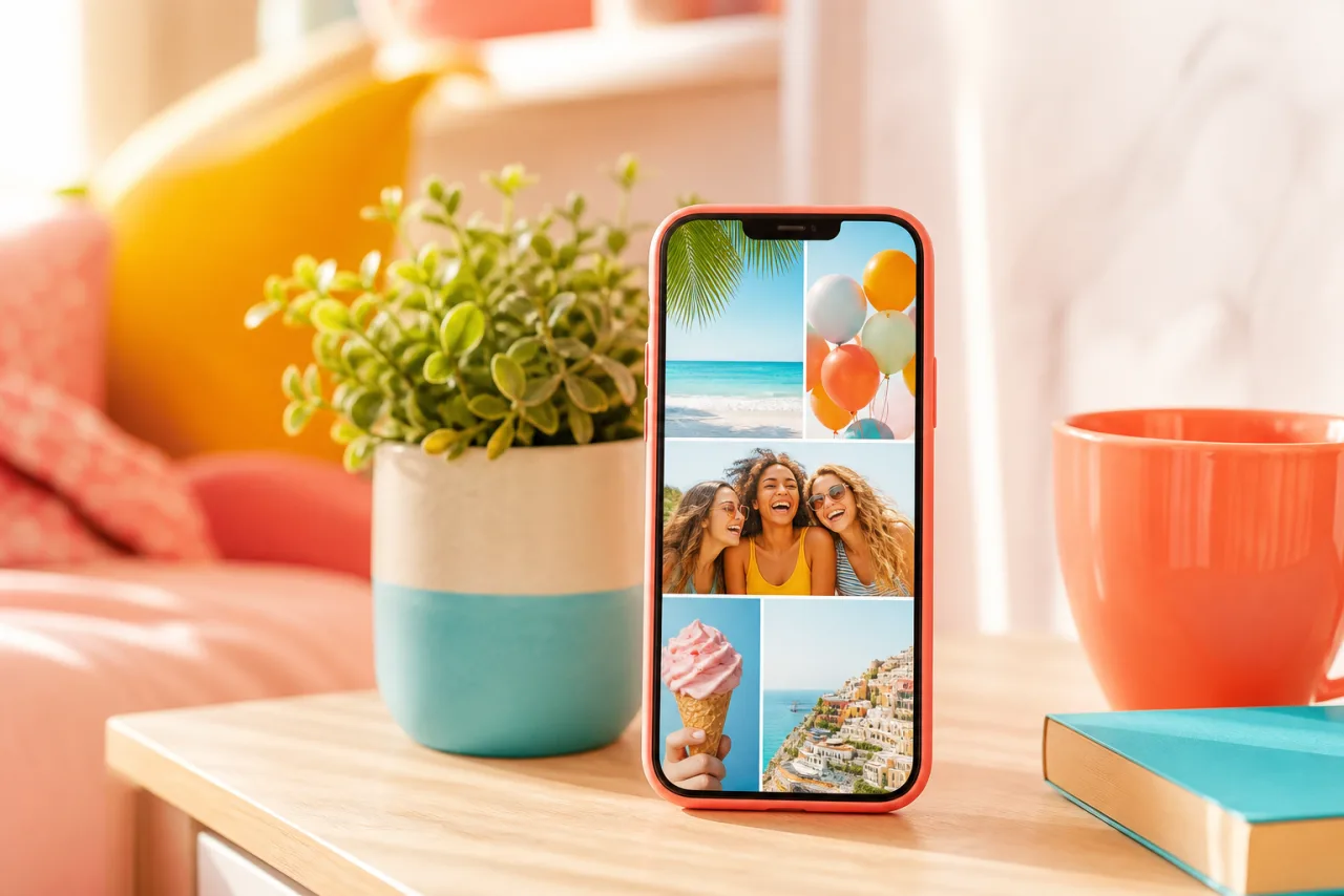 A phone on a bedside table whose lock screen is a photo collage of summer photos
