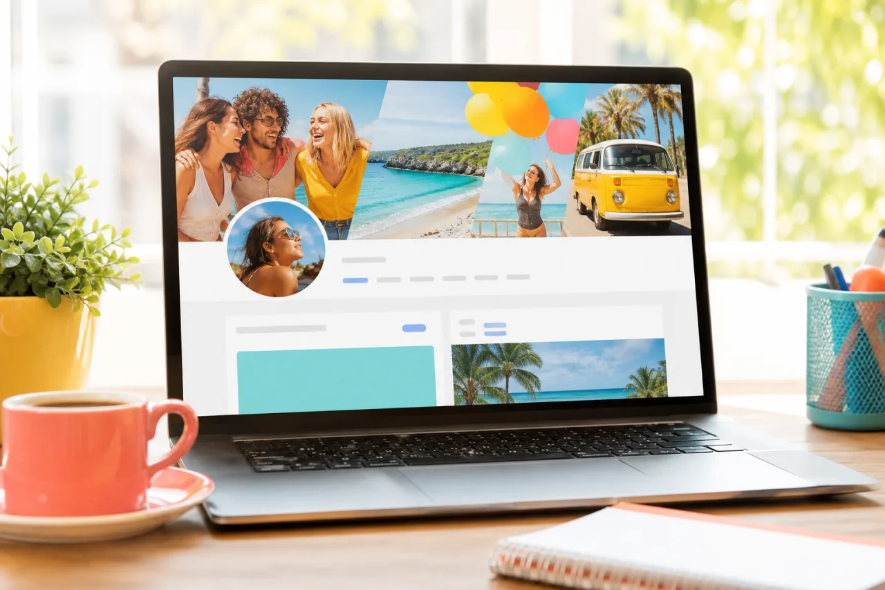 A laptop showing a profile page with a wide photo collage banner and a round profile picture over its corner