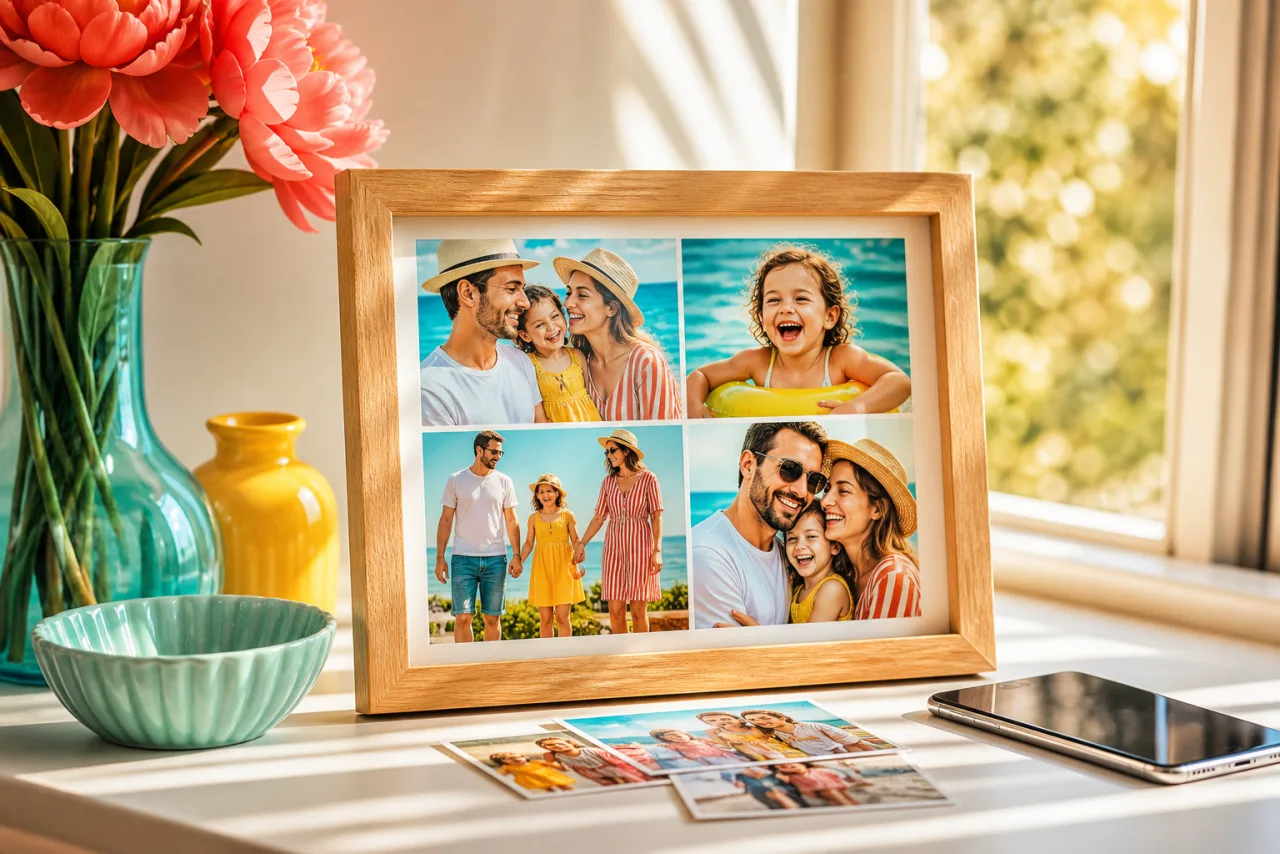 A printed family photo collage in a frame on a bright shelf, with loose older prints and a phone beside it