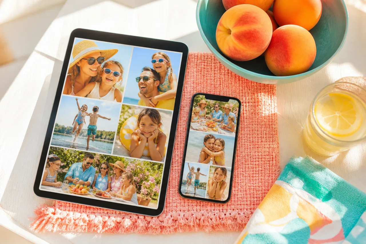 A tablet and a phone on a kitchen table, both showing a photo collage of family summer photos