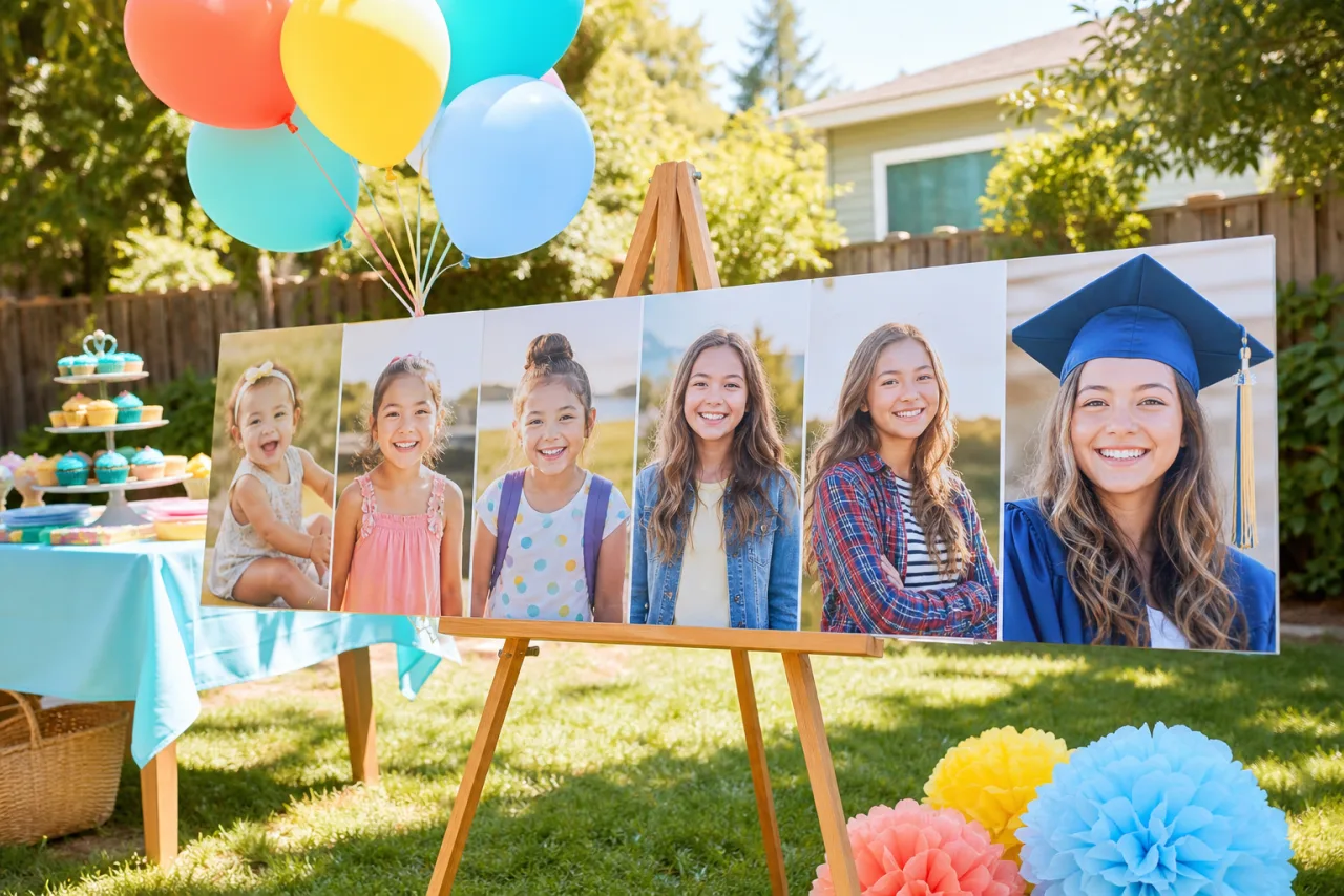 A printed timeline collage on an easel at a backyard graduation party, showing a student from childhood to cap and gown