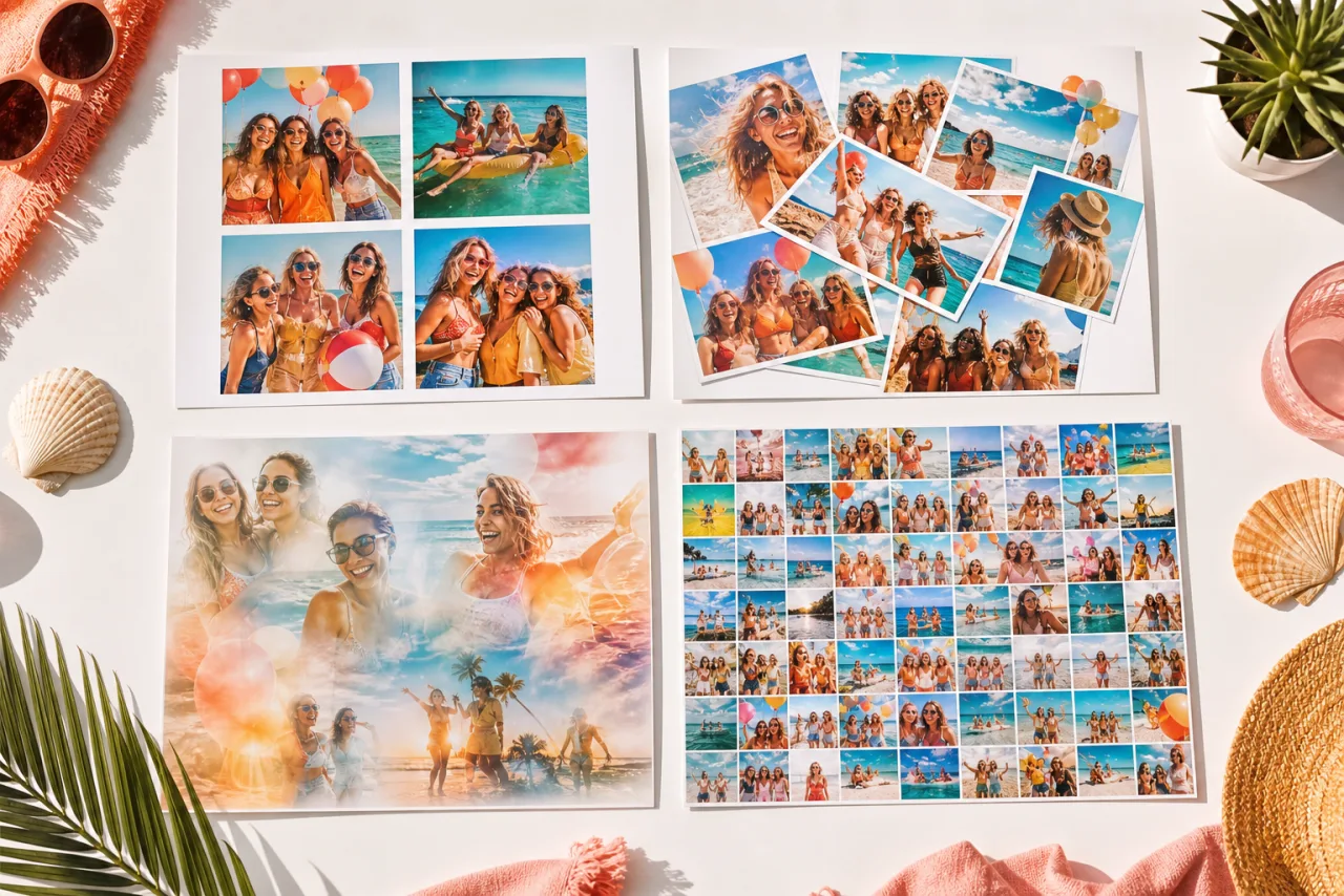 Four printed photo arrangements side by side on a bright desk: an even grid, an overlapping collage, a blended montage and a tiny tile mosaic