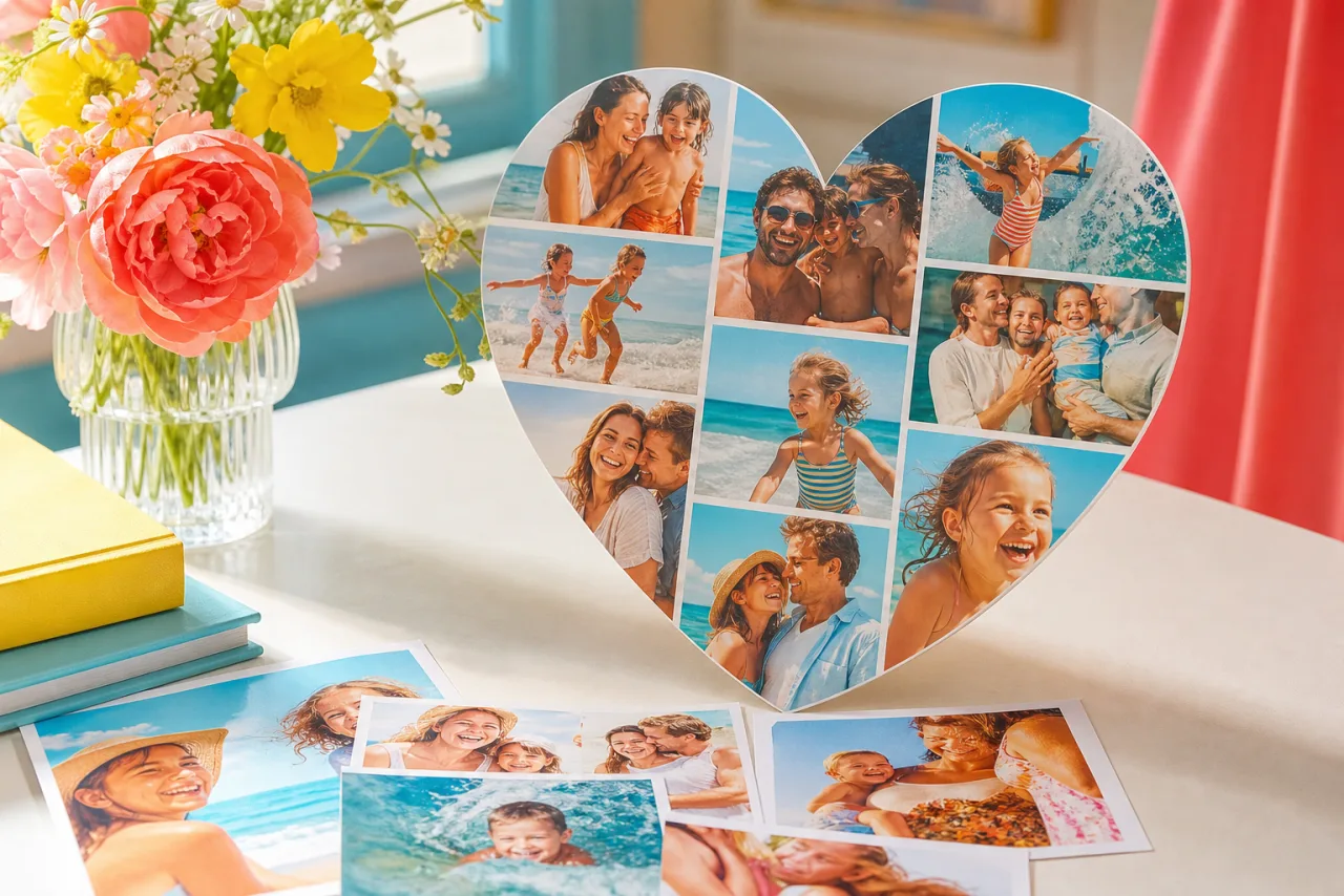 A heart shaped photo collage printed and propped on a bright desk beside loose photo prints