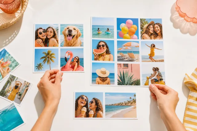 Hands arranging small photo prints into collage grids of two, four and nine photos on a white table
