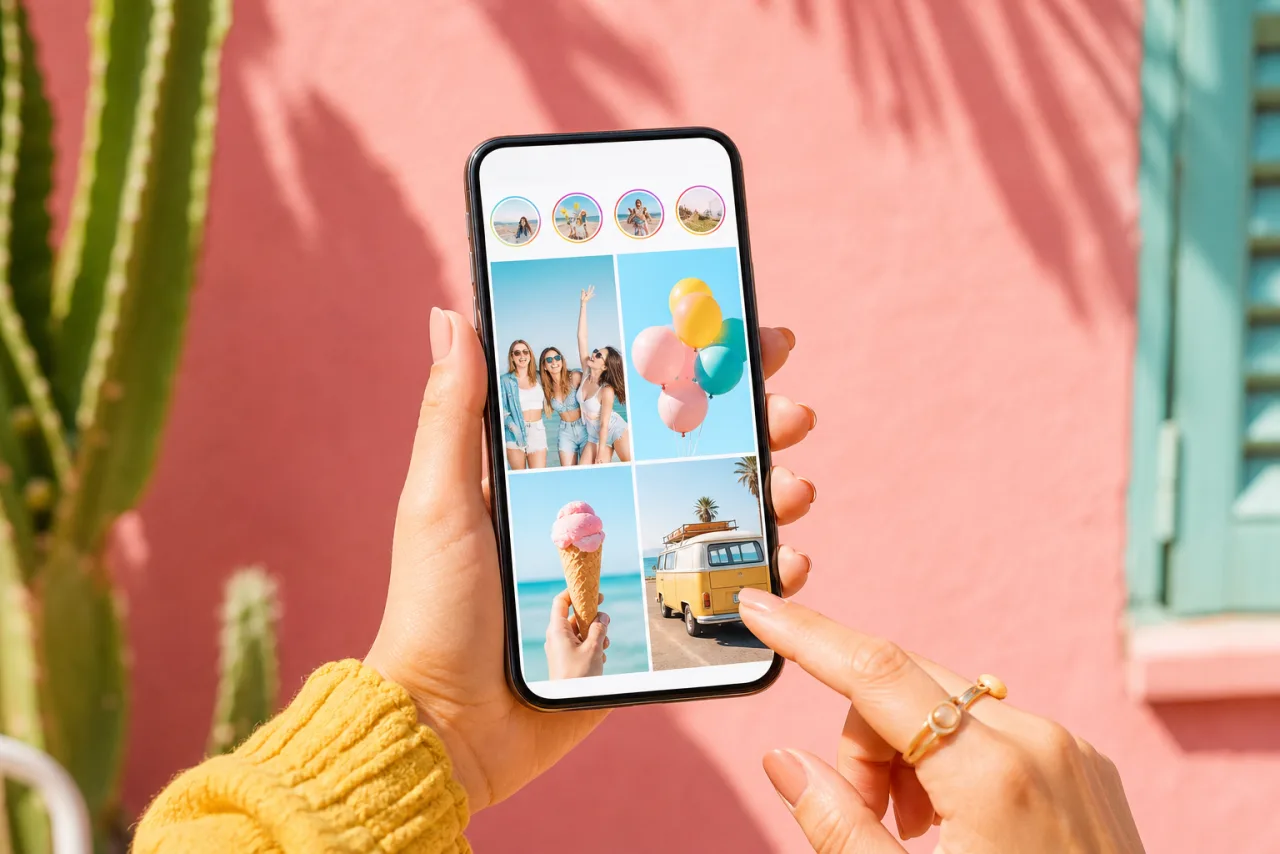 A phone showing a feed post that is a four-photo collage, held in front of a pink wall