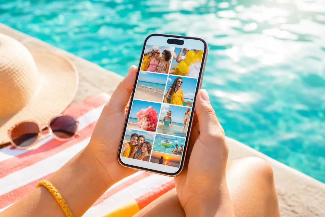 Two hands holding an iPhone showing a photo collage of summer photos, beside a swimming pool